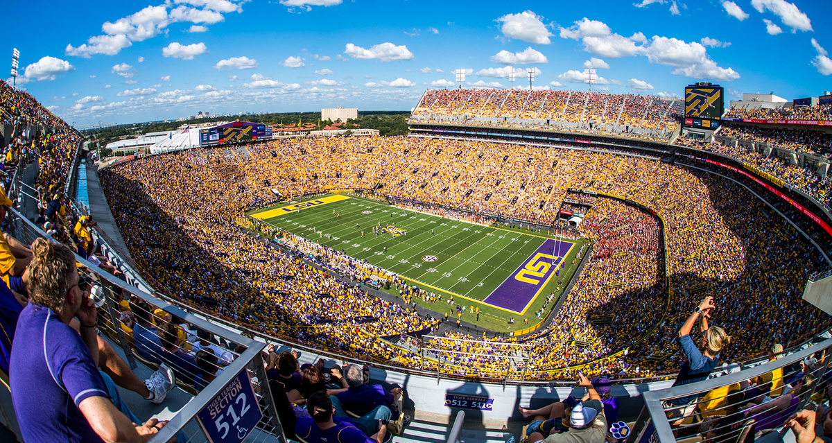 Southwest top corner view of Tiger Stadium filled with fans