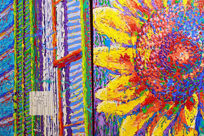 Joe Mustachia colorful sunflower painting progress