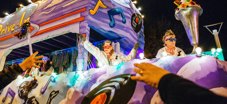 View of mardi gras float and riders during Mardi Gras parade