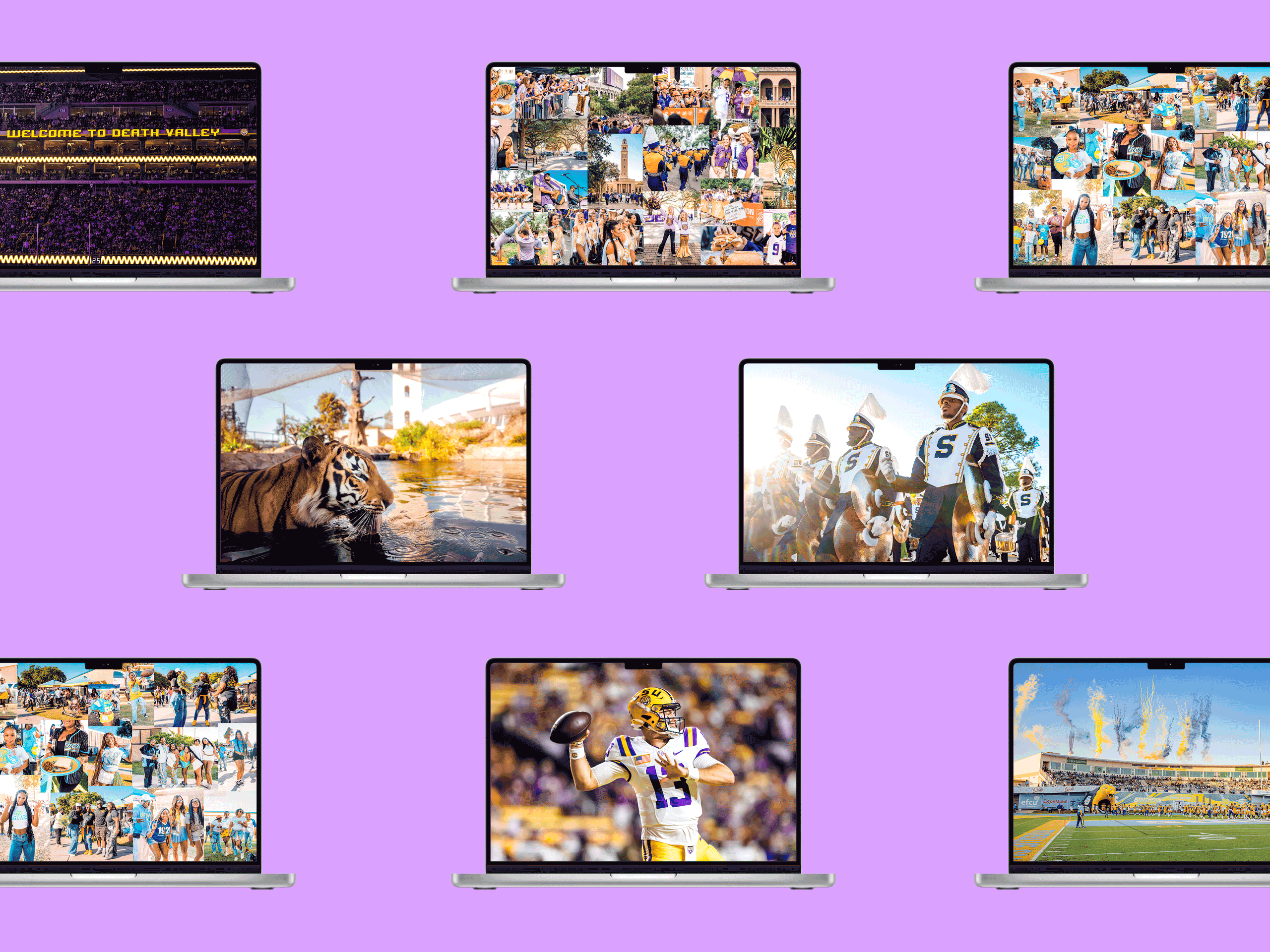 Moving Laptop graphic with LSU and SU football wallpapers